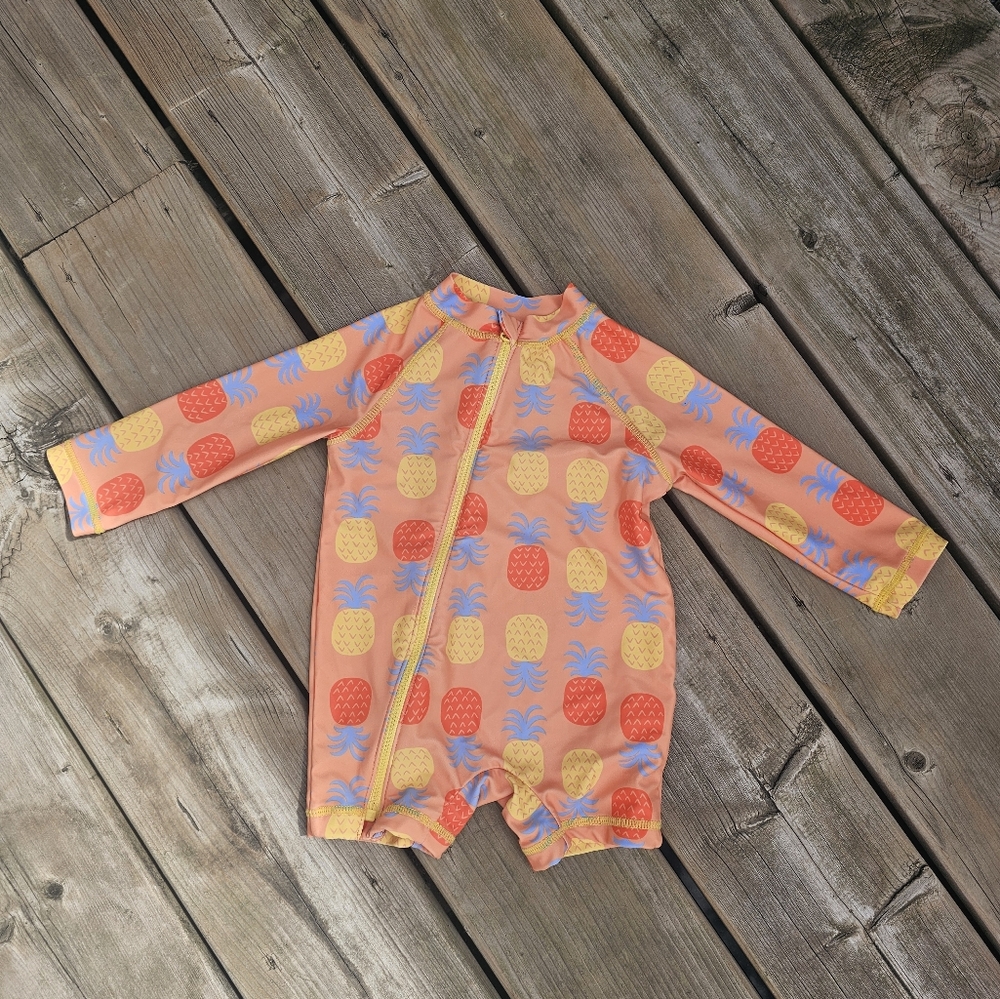 Joe Fresh Baby Swimsuit 6-12M Pineapple Print Orange Rash Guard Zipper Swimwear